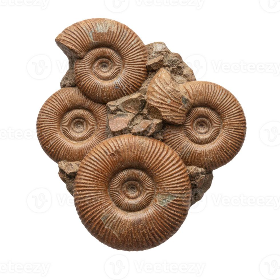 Cluster of Ammonite Fossils Embedded in Rock Matrix on Transparent Background Display png