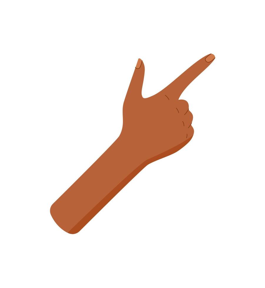 Flat brown hand gesture with two fingers raised sticker. Bare hand showing number two in a simple position. Isolated and clear expression of count and number, suitable for math visuals or educational vector