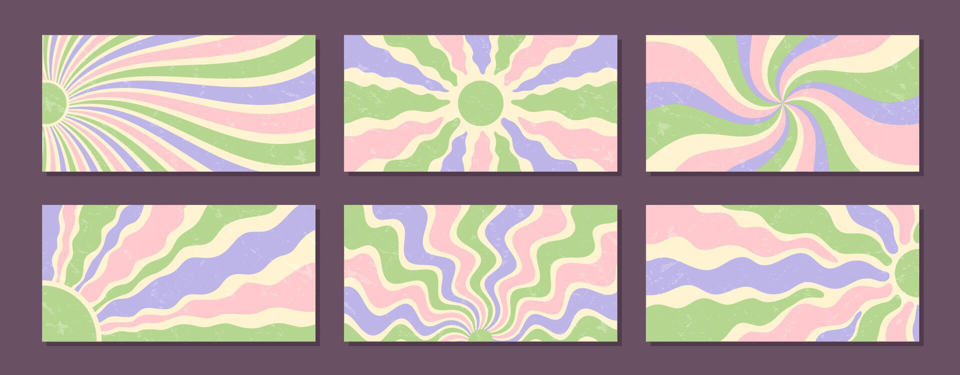 Groovy retro abstract set with pastel sun burst and wavy backgrounds in a flat, grunge style. Sunshine and sun elements add a grungy y2k feel. Horizontal orientation, perfect for vintage projects. vector