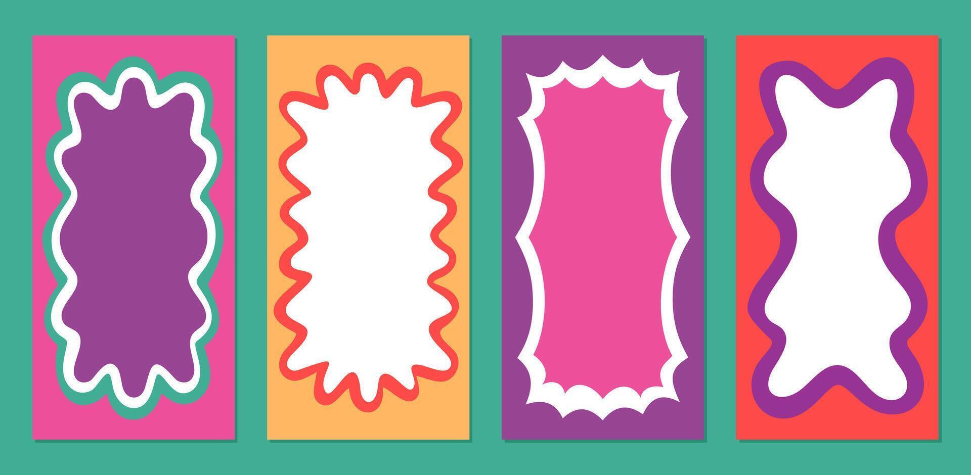 Groovy retro cartoon rectangle frame set with funky border and colorful shape. Graphic outline in y2k background brings a modern pop style, perfect for playful elements or stylish creative vector