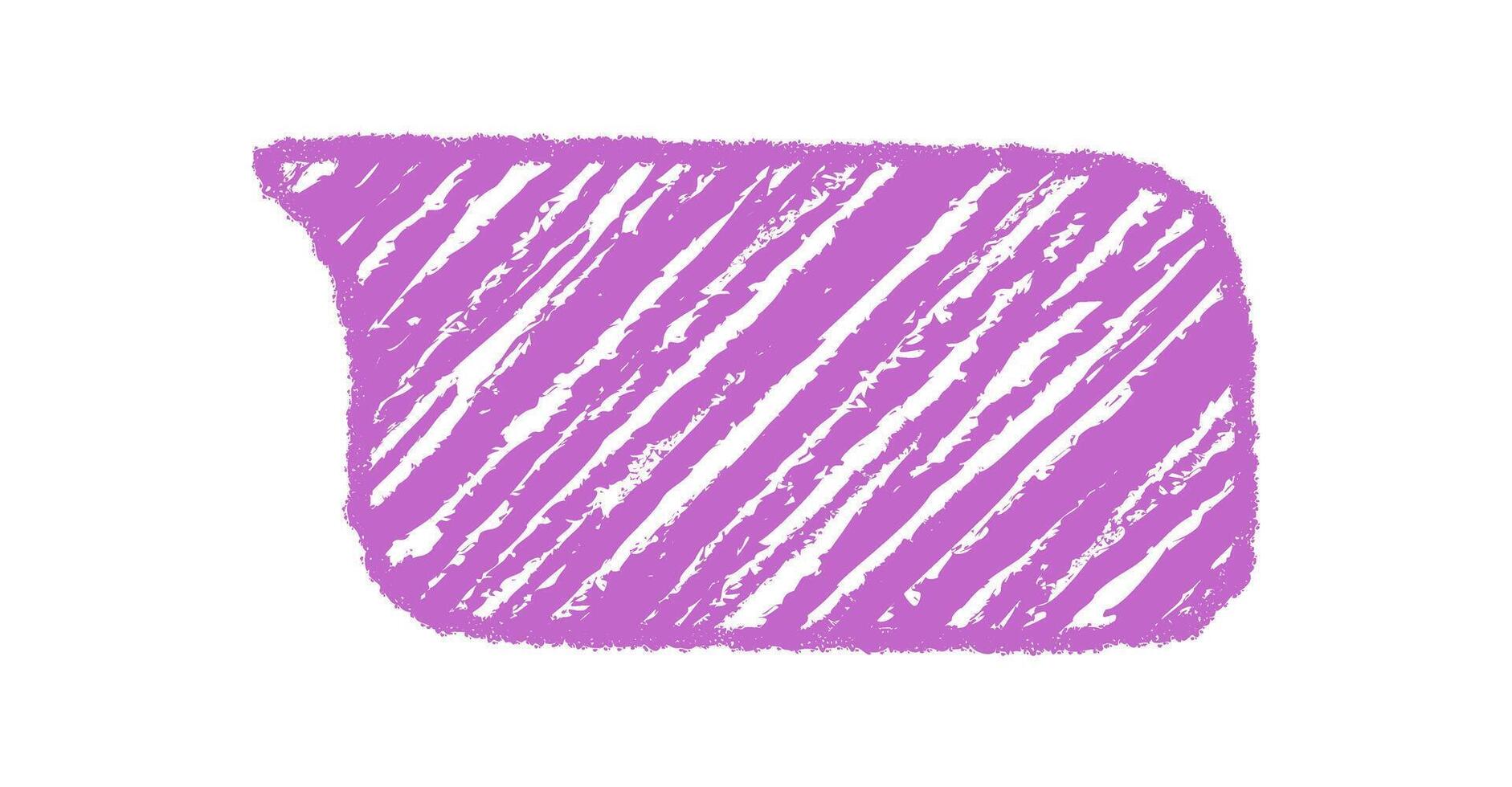 Diagonal chalk talk bubble with purple scribble style and rough texture. Speech rectangle in organic form, message element with graphic accent for communication and conversation themes. vector