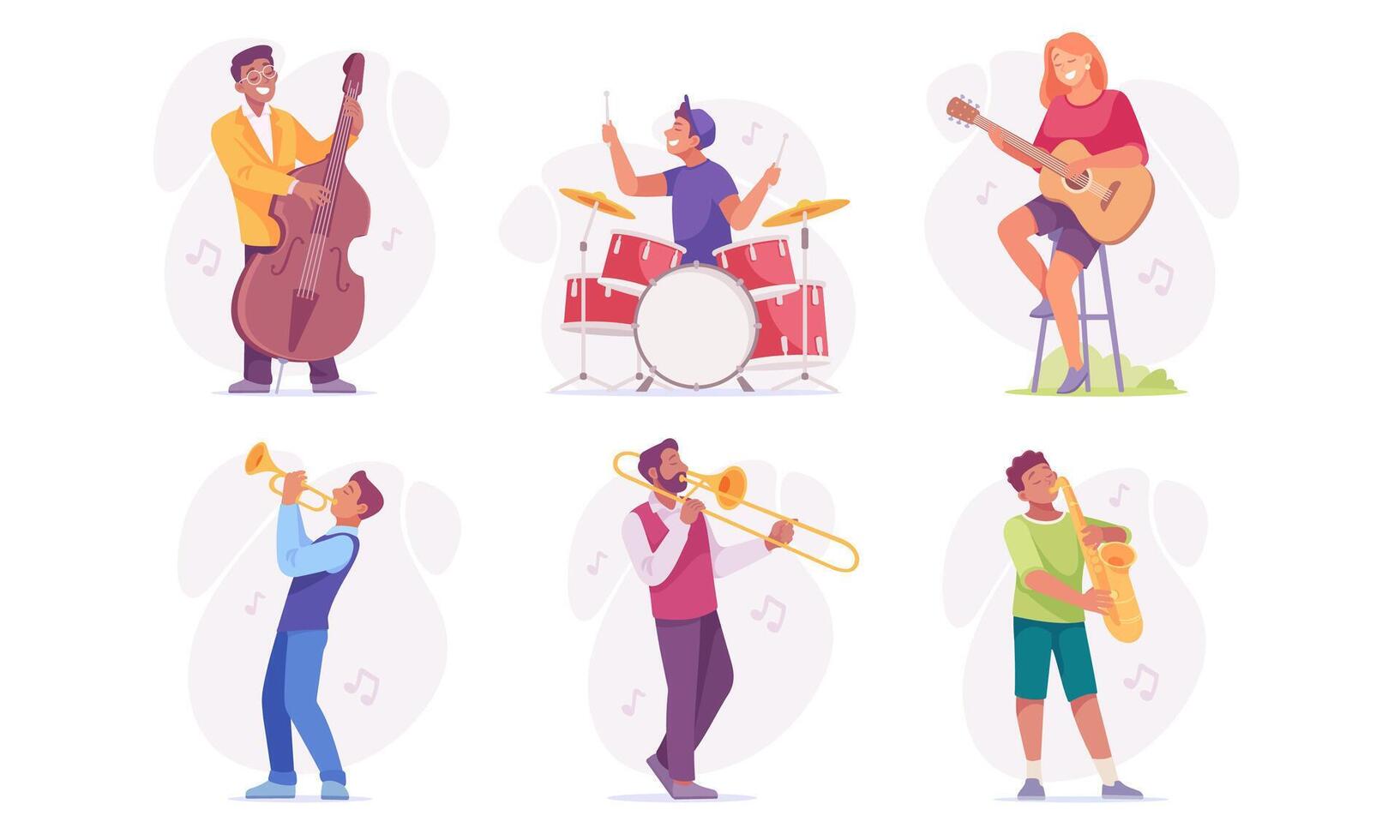 A Diverse Group of Musicians Playing Various Instruments in a Vibrant and Colorful Illustration vector