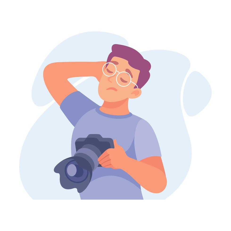 A Young Photographer is Posing with a Camera in a Unique and Creative Style while Smiling vector