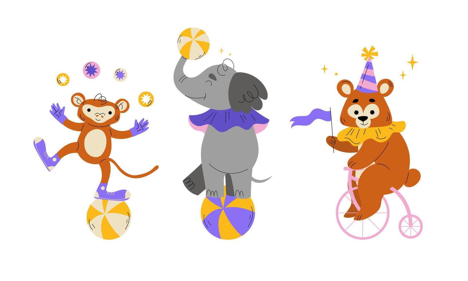 Enjoy the spectacle of circus animals performing tricks with colorful props, captivating audiences vector