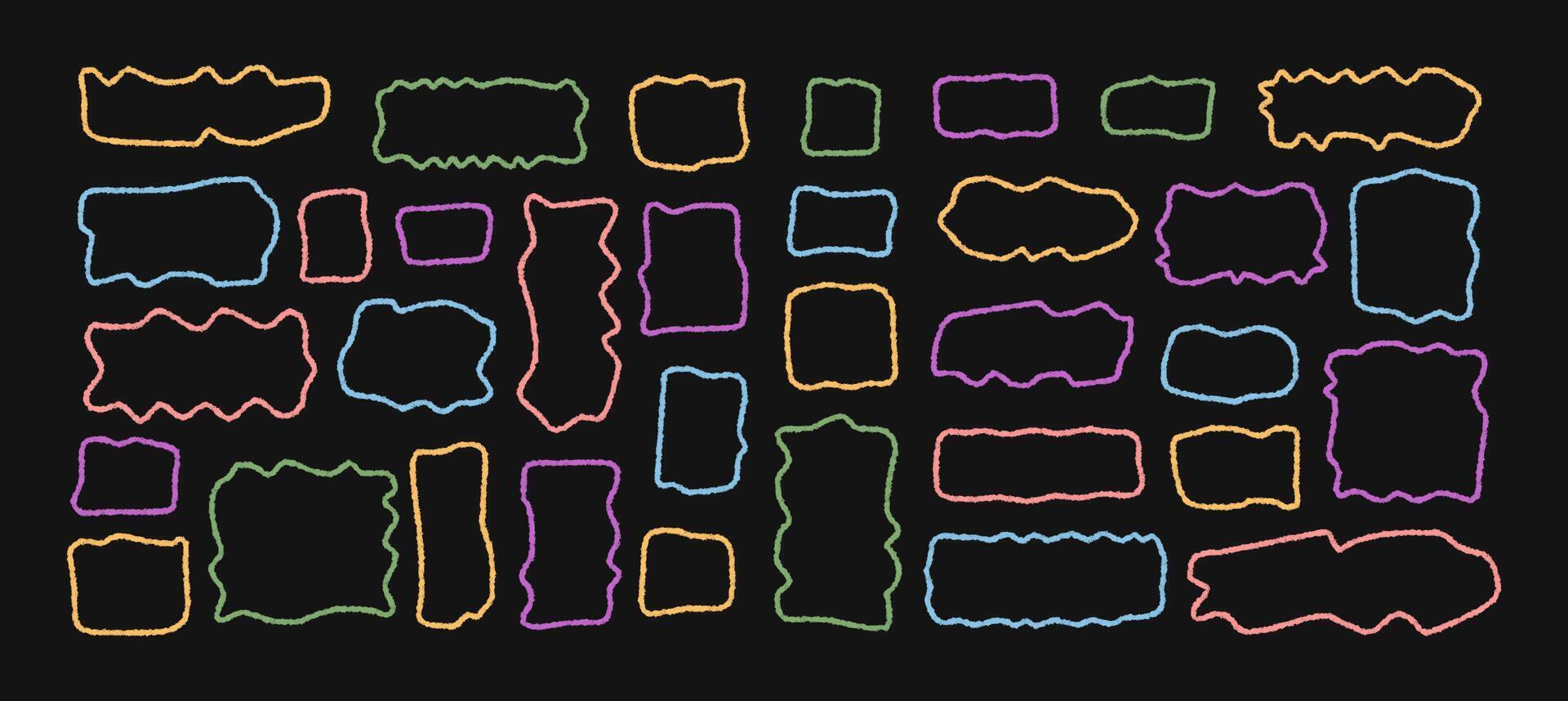 Organic crayon quote frame collection with abstract wavy outline set. Rectangle box bubble shape set with colorful contour as bold background, perfect for graphic note and template uses. vector