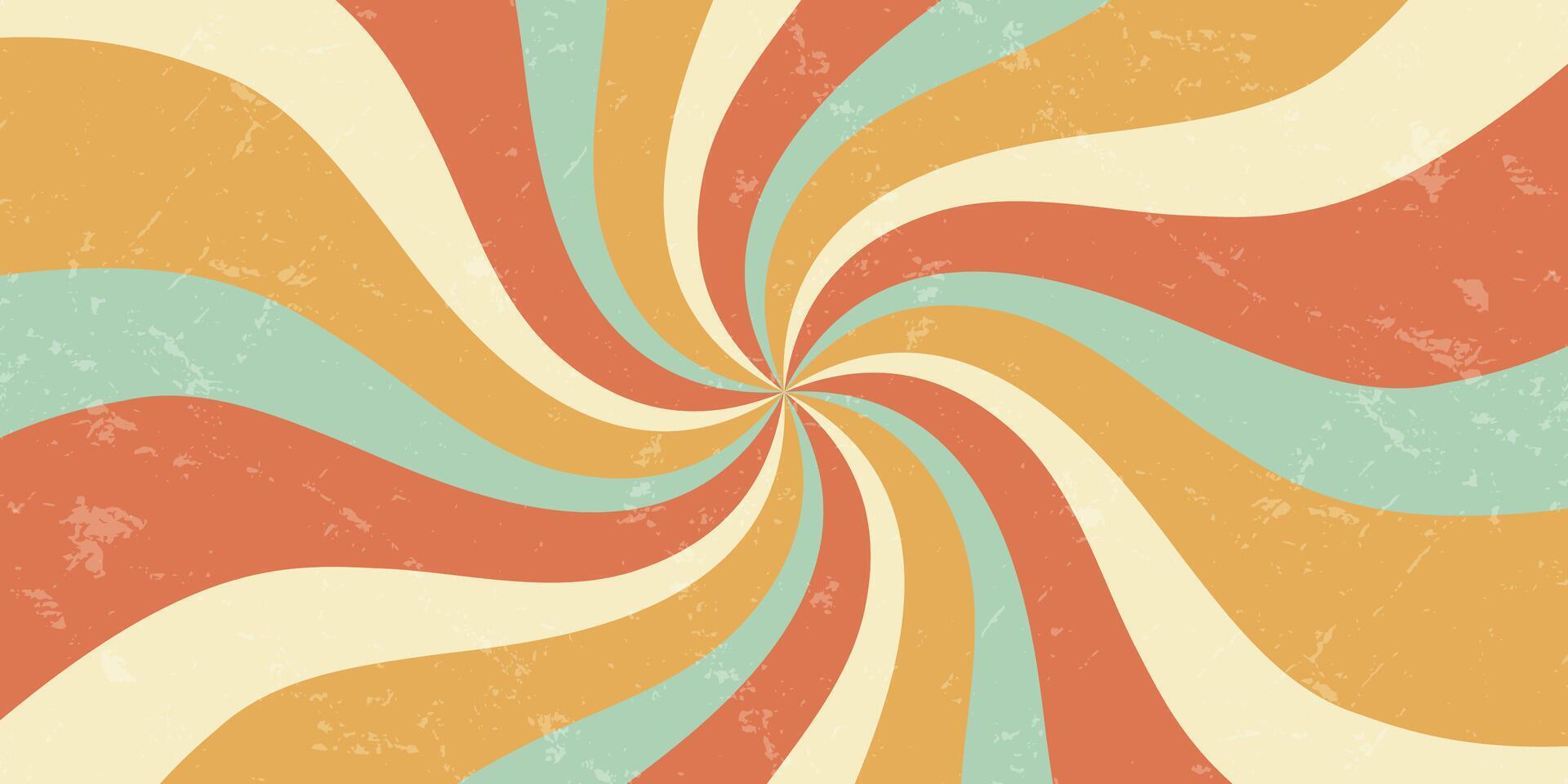 Groovy retro sun burst swirl background adds a wavy orange and yellow burst with a grunge texture. Sunshine and sun inspired shapes blend with y2k details as grungy, vintage abstract in horizontal vector