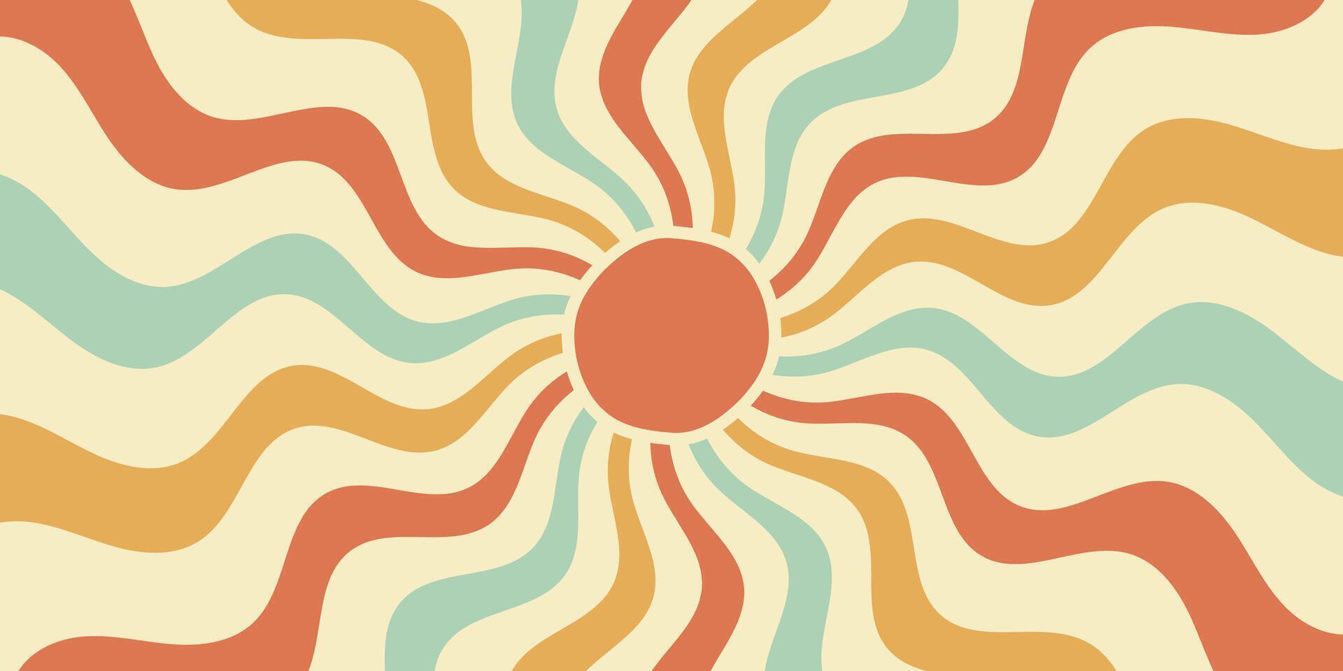 Groovy retro sun burst with sunshine in flat, wavy shapes. Background in orange and yellow, burst and y2k style give a playful look. Horizontal format for cool wallpaper. vector