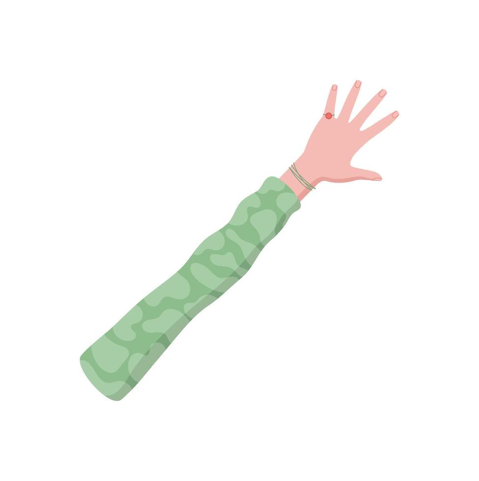 Cartoon style hand gesture showing the number five. Bare palm with fingers spread wide express number five. Arm with green sleeve, flat and isolated, ideal for math visuals, education, or teaching vector