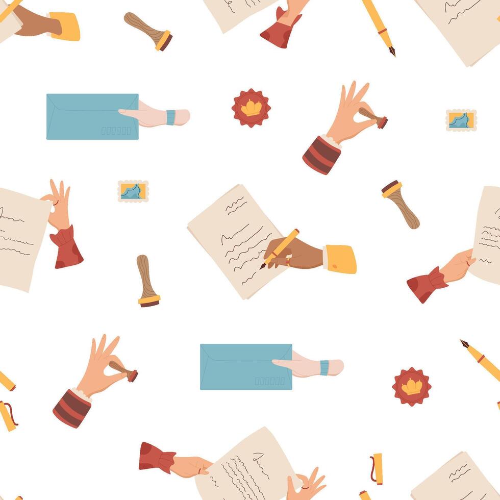 Flat mail seamless pattern background style. Letter and envelope with stamp, paper, pen, hand, seal. Pattern of hold and mail, creative stationery for background communication template. vector