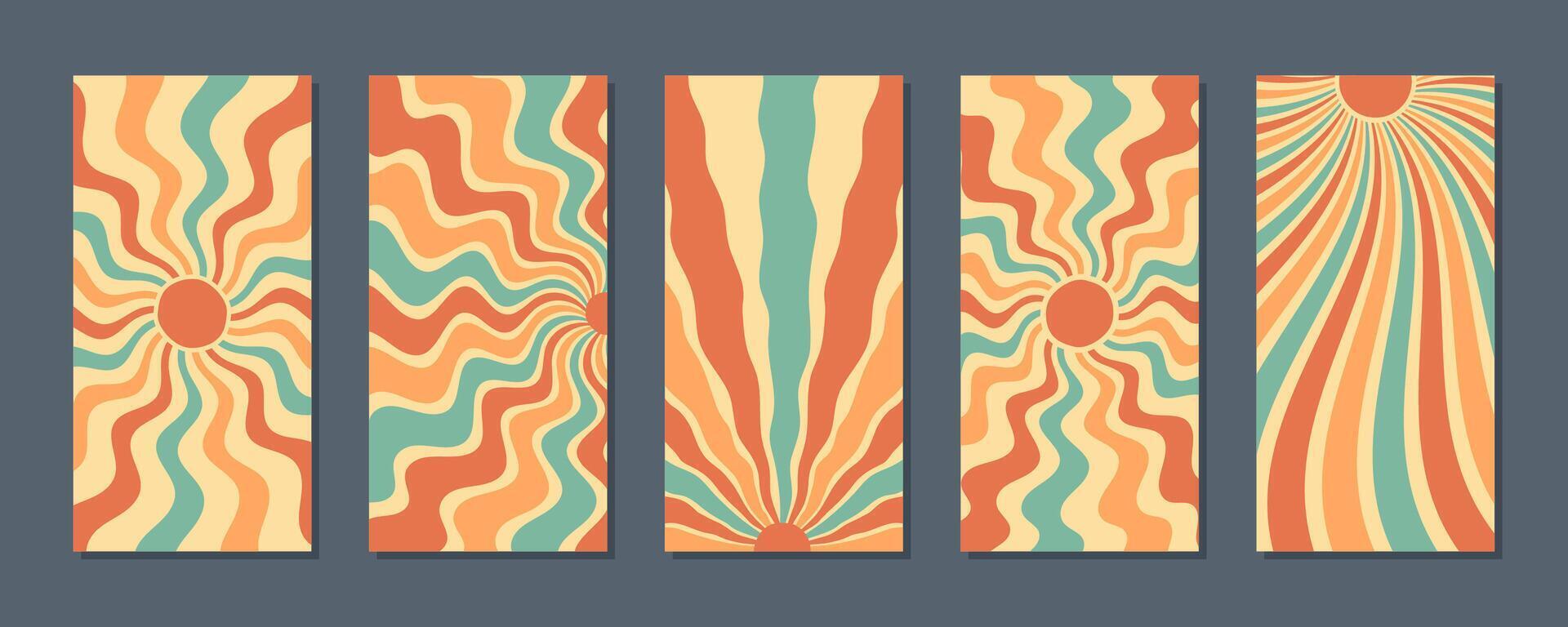 Retro groovy sun burst pattern in abstract style with vertical layout set. Orange and yellow wavy sunshine with y2k inspiration. sun background set creates a vibrant and playful visual effect. vector