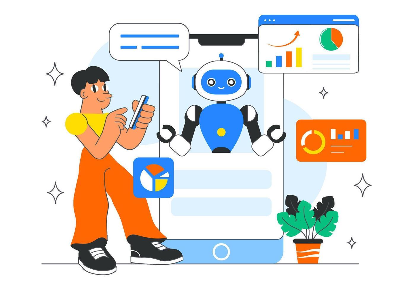 Artificial Intelligence Automation Illustration with Mobile Interface and Smart Data Tools vector