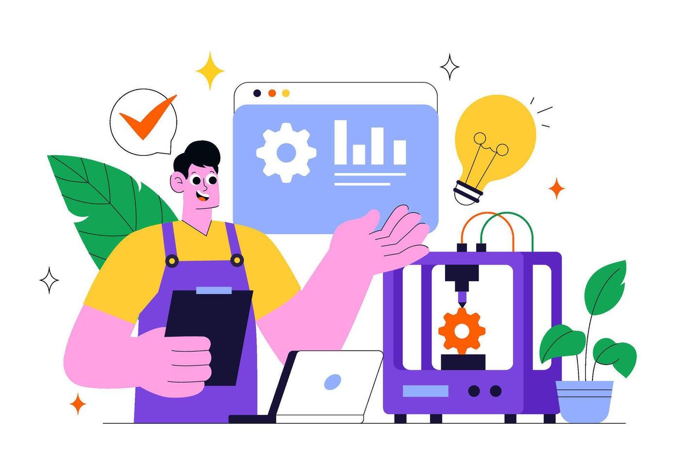 3D Printing Illustration Showing Modern Fabrication Technology with Desktop Equipment and Computer Modeling vector