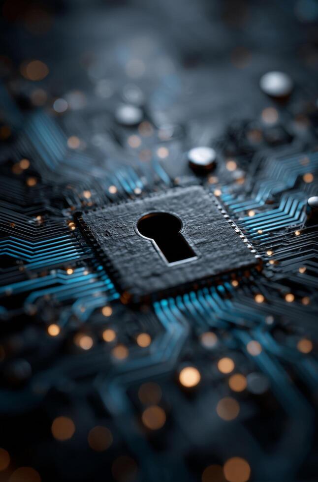 Digital Security Lock on Circuit Board With Glowing Elements in a High-Tech Environment. photo