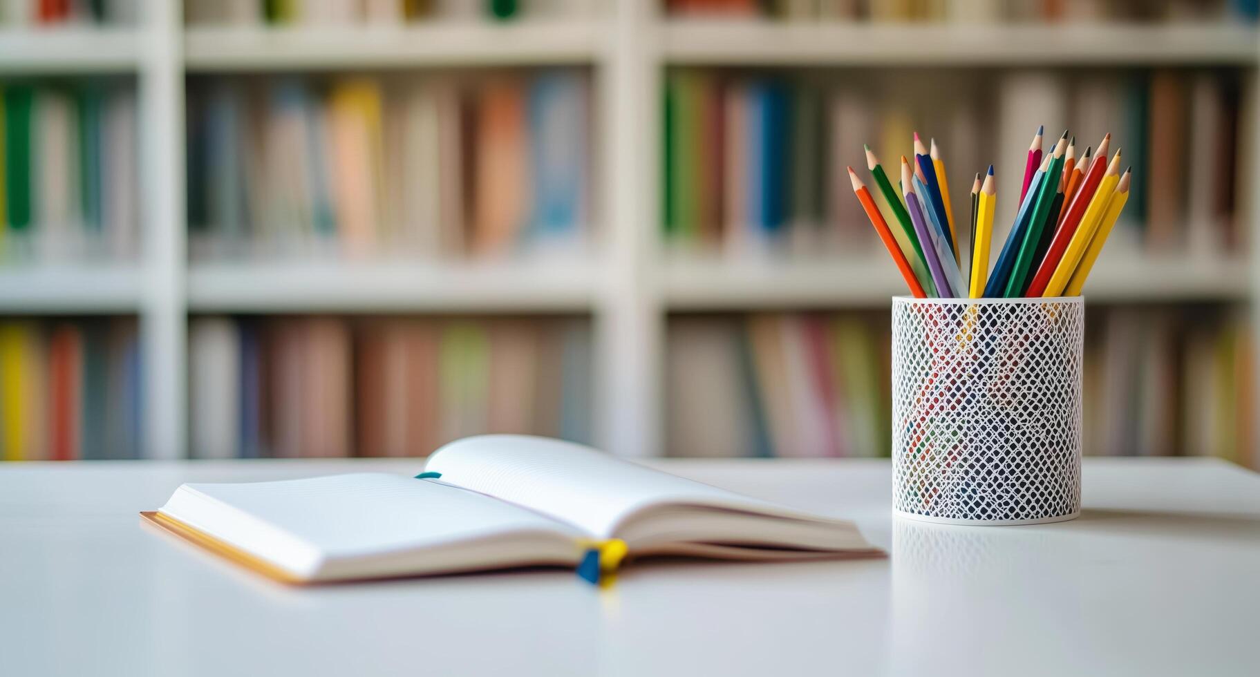 Colorful Pencils and an Open Book on a Table in a Bright Library Setting With Shelves of Books. photo