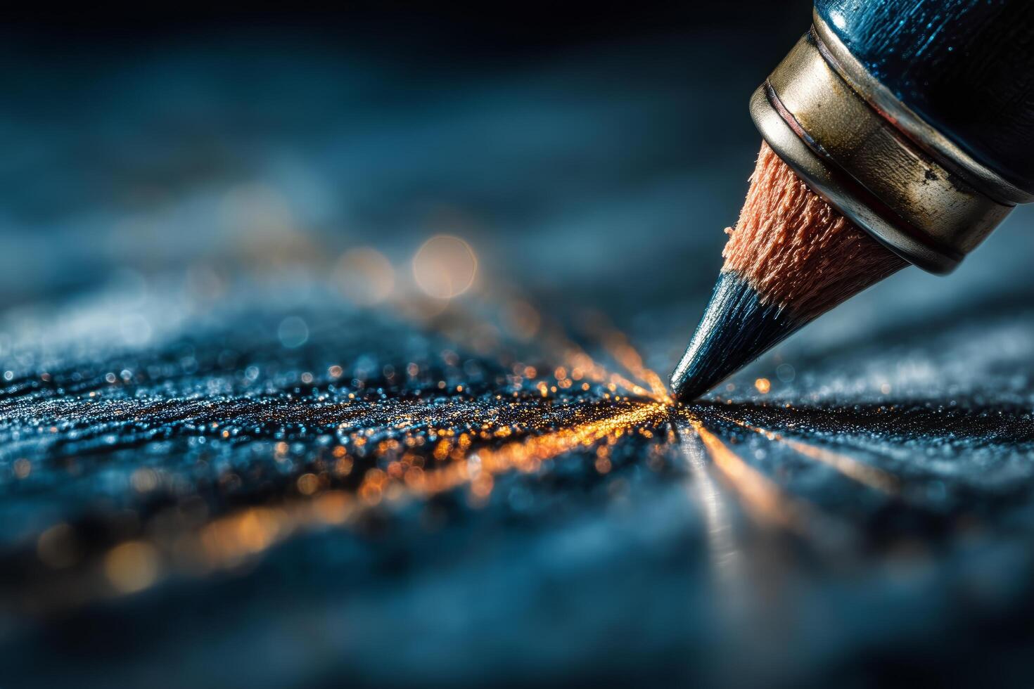 Close-up of a Sharpened Pencil Creating a Blue Line on Textured Paper in a Creative Workspace. photo