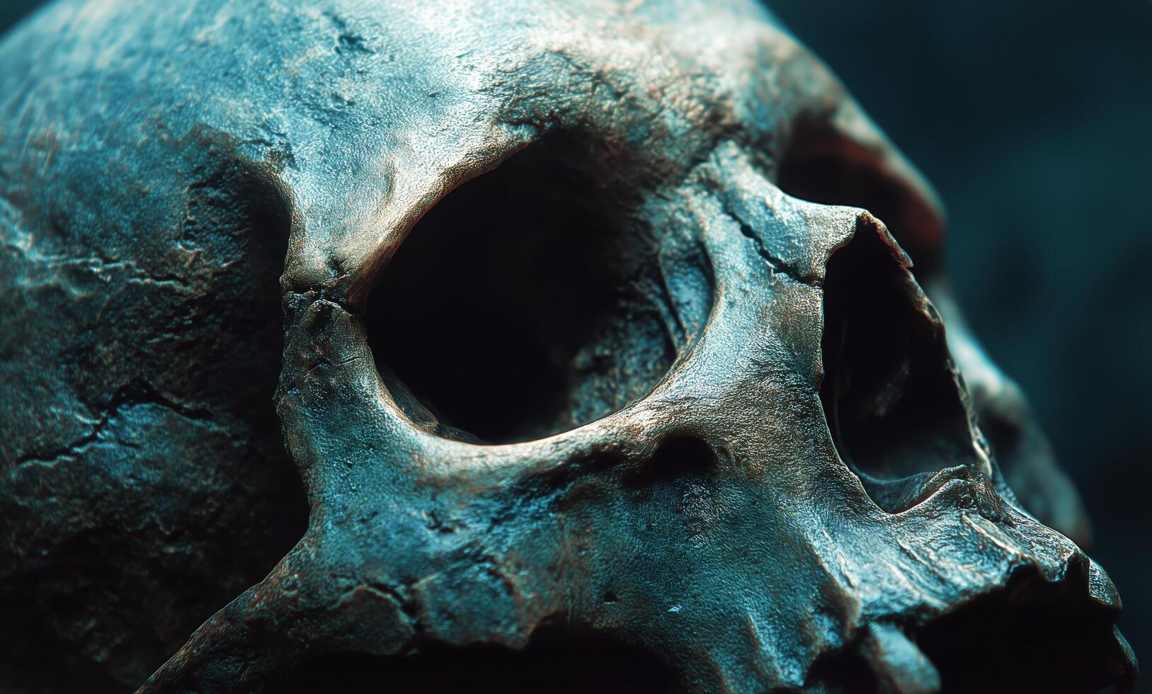 Skull Close-Up Highlighting Intricate Details in a Dark, Atmospheric Setting. photo