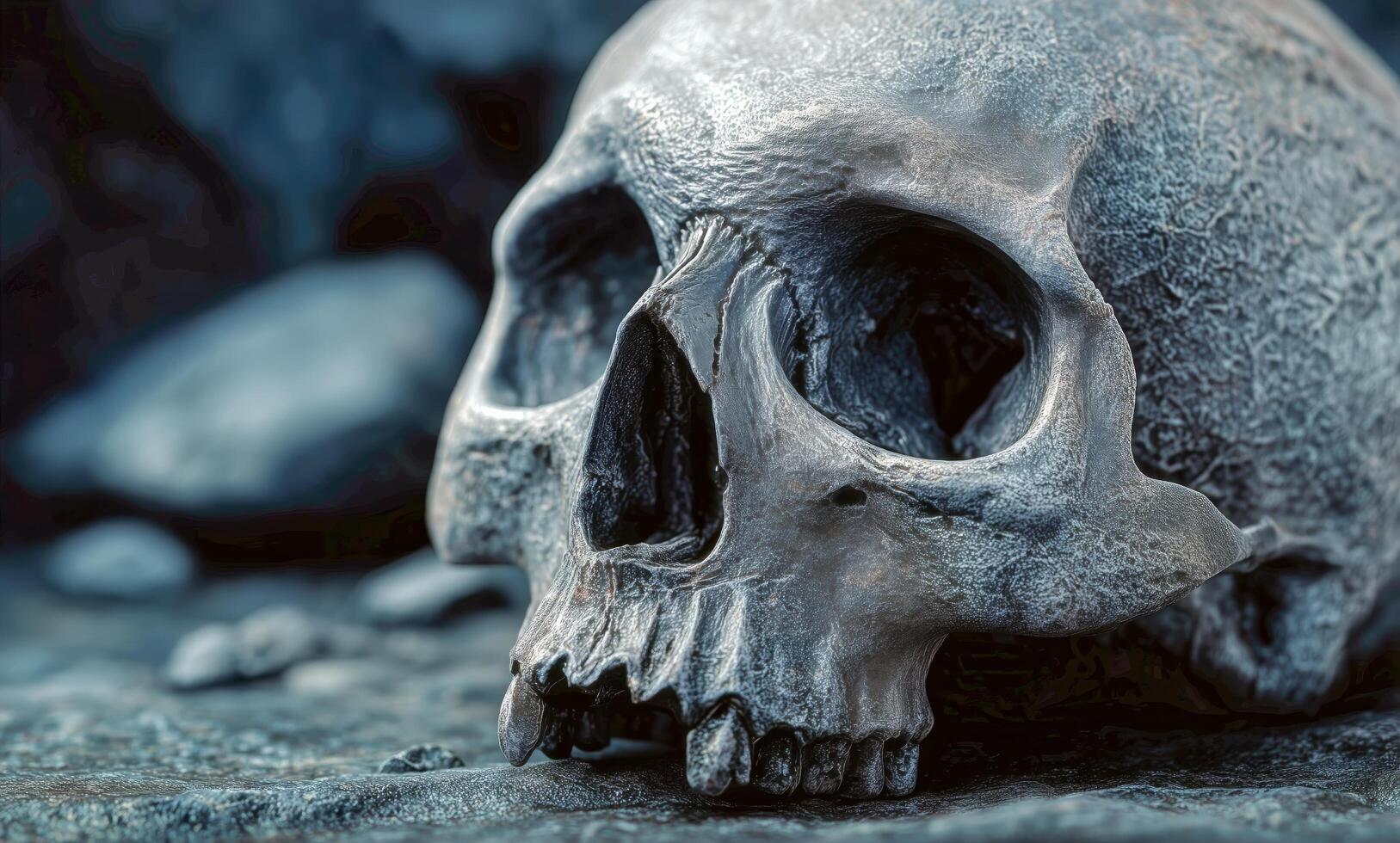 Realistic Human Skull Resting on a Rocky Surface in a Dimly Lit Environment photo