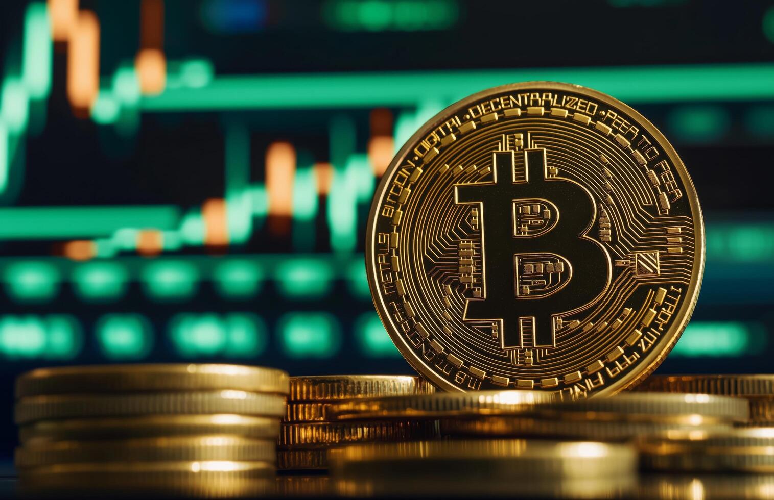 Bitcoin Coin Stacked With Digital Trading Chart in Background Showcasing Market Fluctuations photo