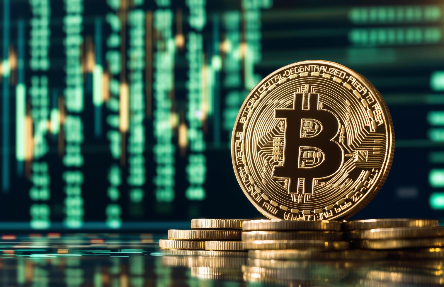 Bitcoin Coin Displayed With Financial Graphs Illustrating Market Trends and Trading Data. photo