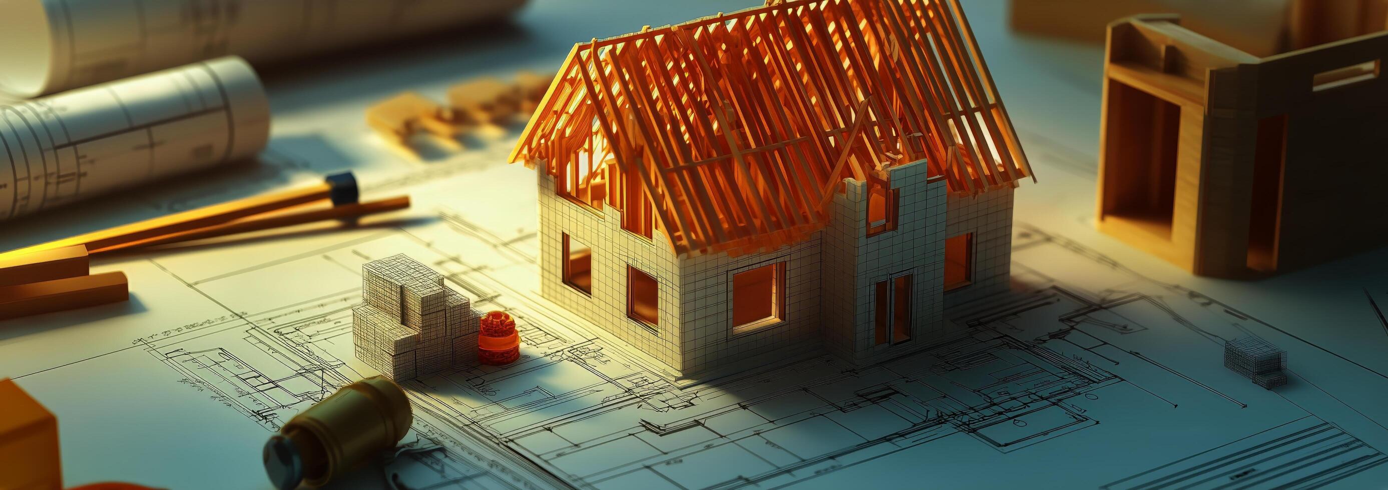 Model House Construction on Blueprints With Building Materials and Tools in a Workspace. photo