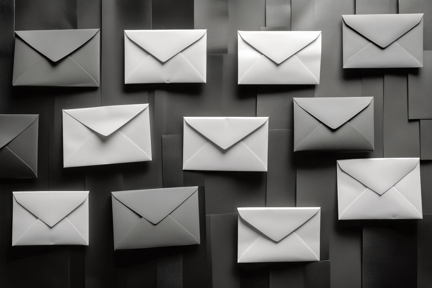Various Envelopes Neatly Arranged on a Dark Background for Creative Display or Artistic Purposes photo