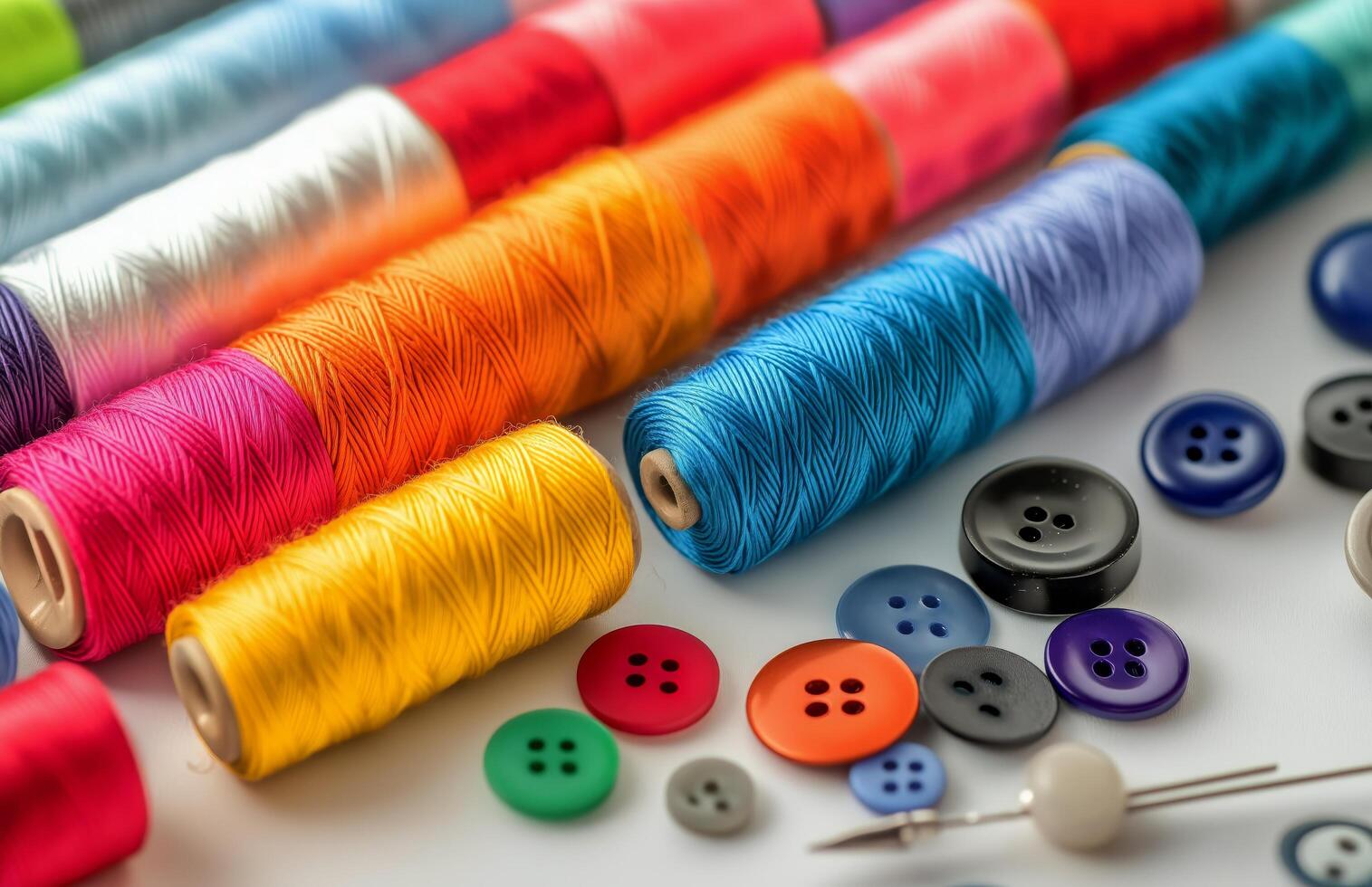 Colorful Spools of Thread and Buttons Ready for Crafting in a Creative Workspace. photo