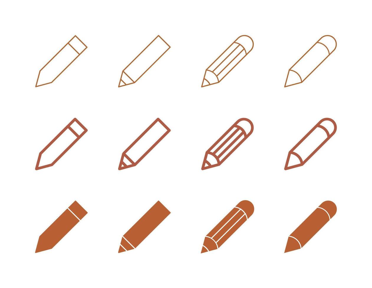 Pencil Icon Set in Flat Solid Bold Line and Thin Line Style for Writing and Drawing Symbols vector