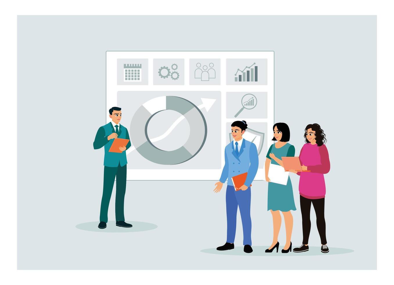 Business presentation with colleagues discussing statistical data charts and analysis. vector