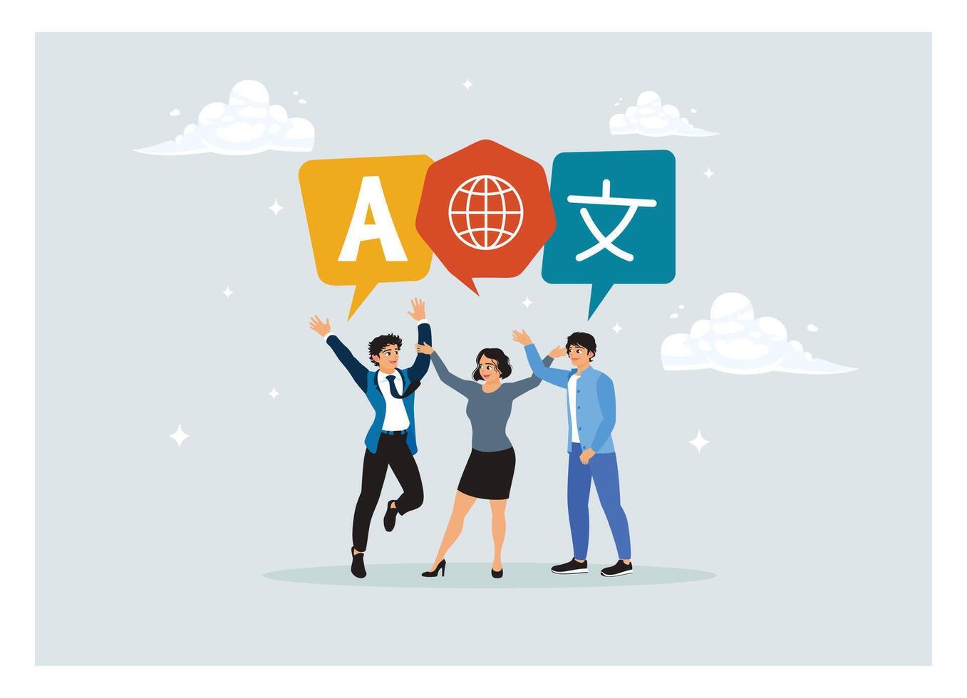 Diverse teams collaborate and communicate in diverse languages. vector