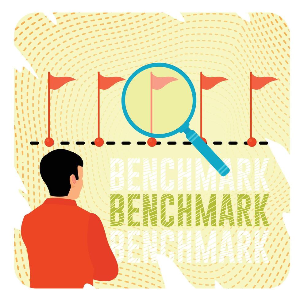 Person analyzing benchmarks with magnifying glass vector