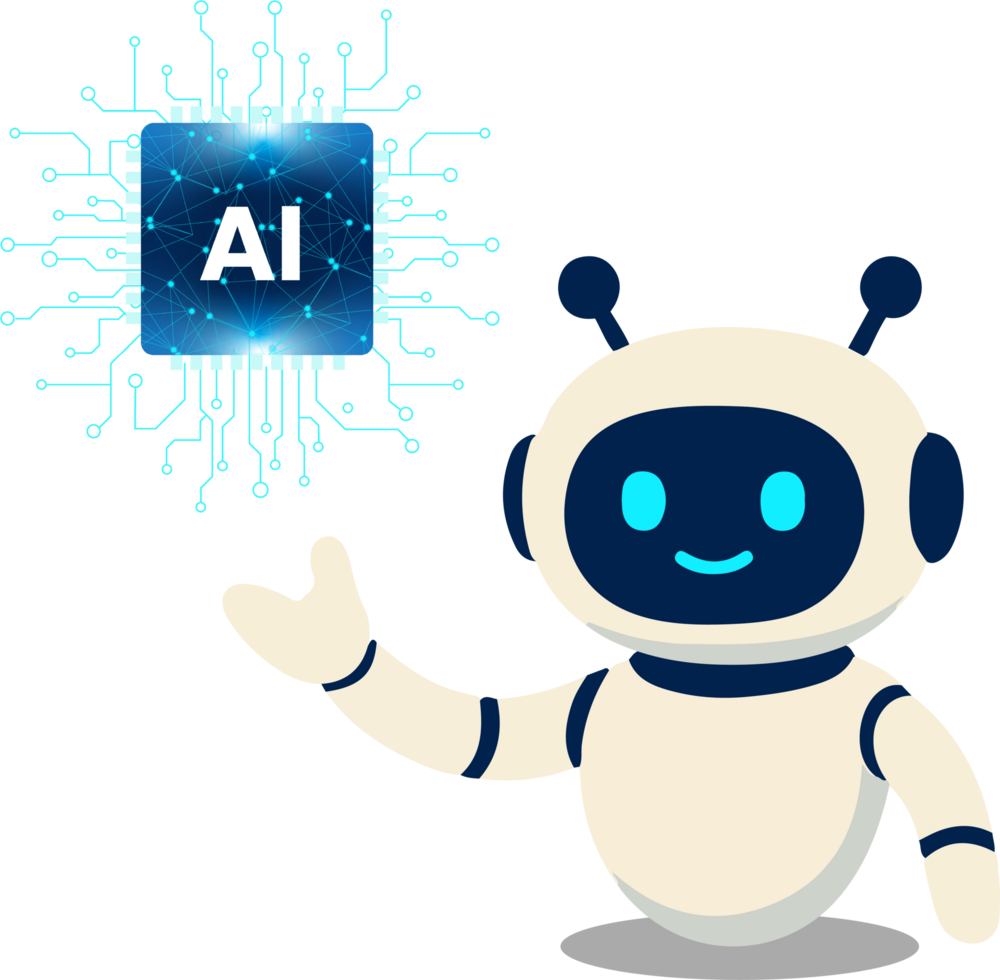 Ai chatbot mascot with circuit chip illustration, artificial intelligence robot character futuristic digital assistant design for technology and business png