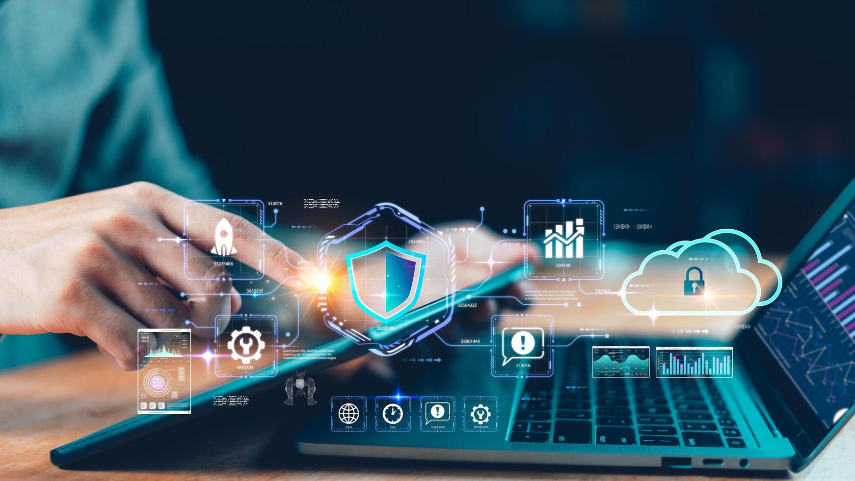 Showcasing the future of digital protection with secure cloud infrastructure, AI-powered analytics, and cross-device connectivity. Ideal for cybersecurity, cloud computing, tech innovation concepts. photo