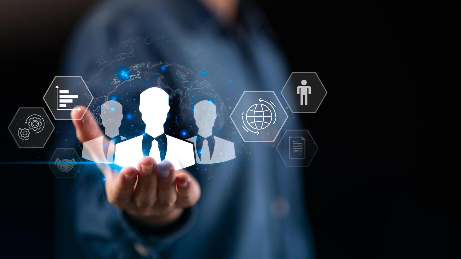 Digital human resources concept with global connectivity and workforce icons representing employee management, data insights, and recruitment strategy, ideal for modern HR and talent operations. photo