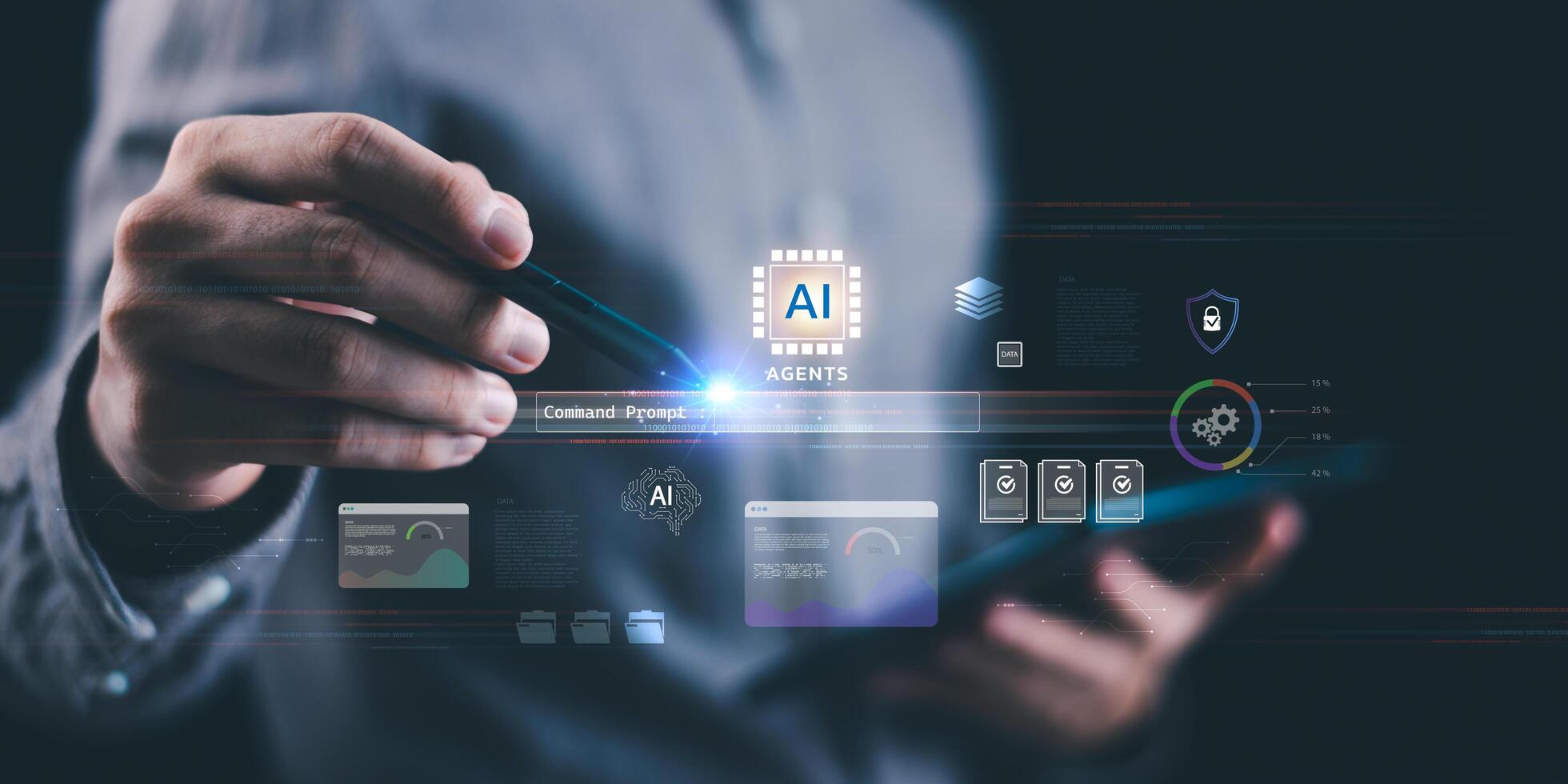 Artificial intelligence command prompt interface visualizing data analytics, smart automation, and secure systems. Perfect for AI innovation, machine learning, and digital transformation. photo
