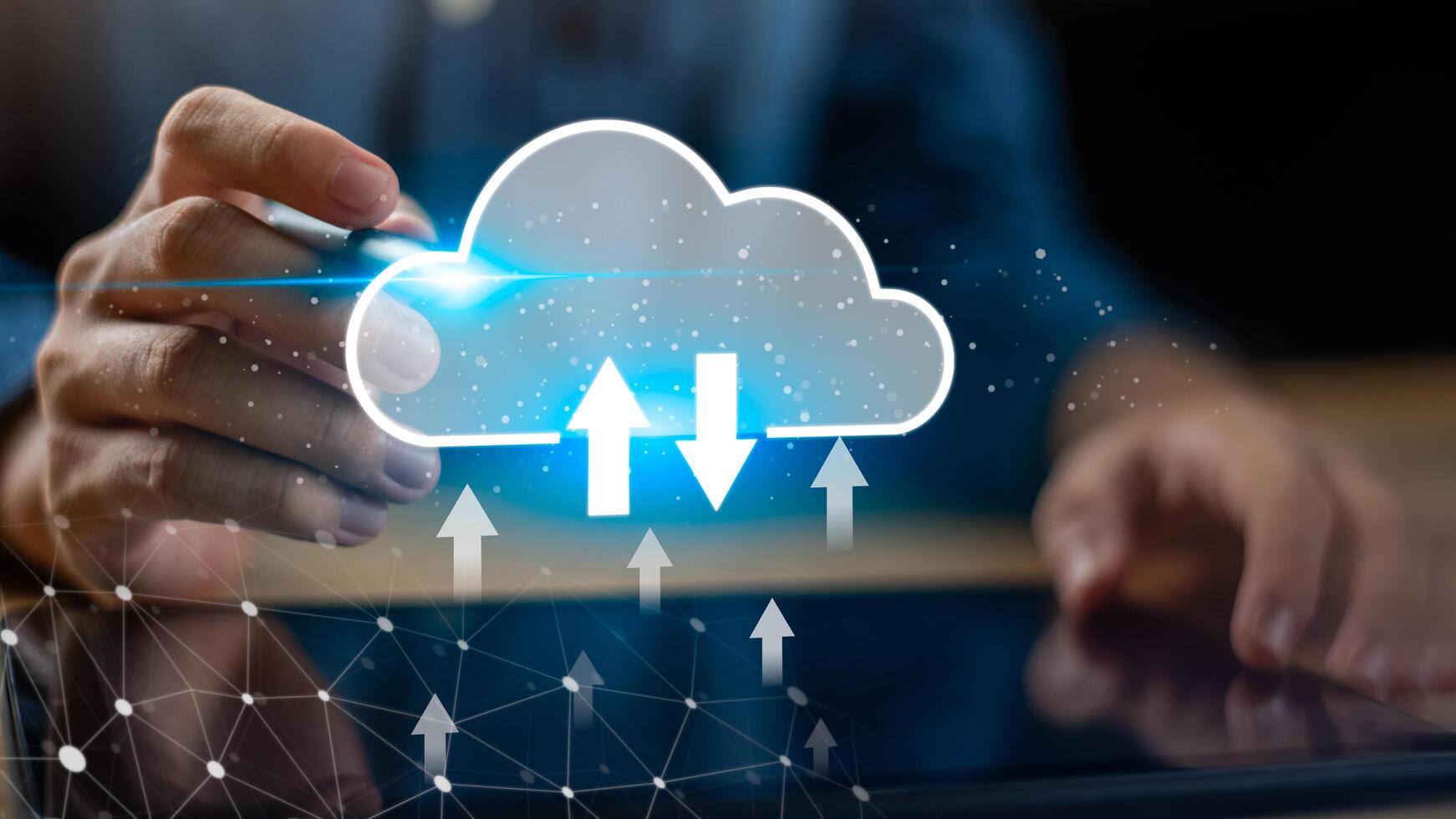 Cloud computing technology enables seamless data storage, file sharing, remote access across networks. Ideal for digital transformation, scalable IT infrastructure in modern business environments. photo