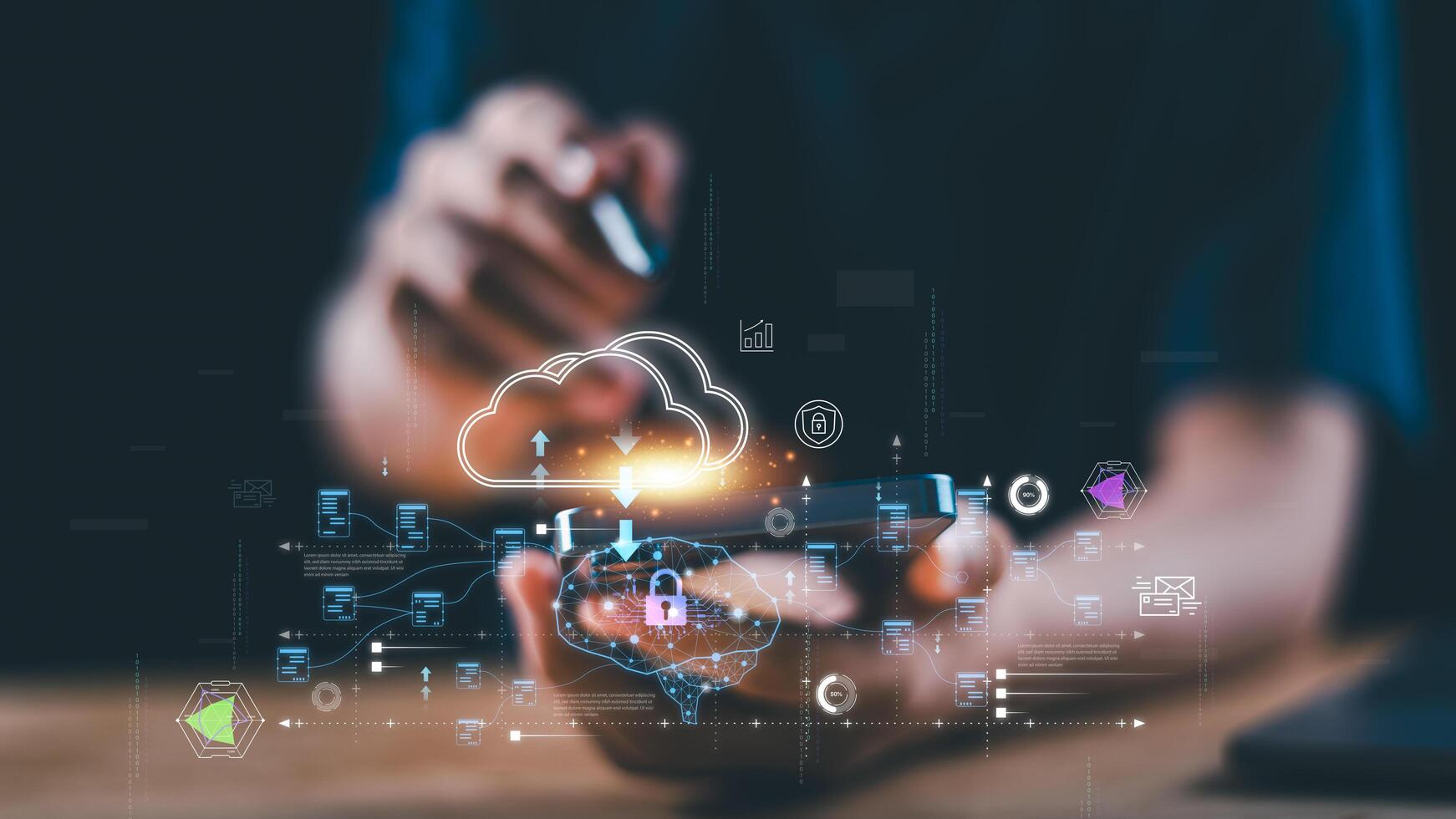 Empowering digital transformation through secure cloud computing, artificial intelligence, and mobile connectivity. Ideal for technology innovation, data privacy, and cybersecurity future-forward photo