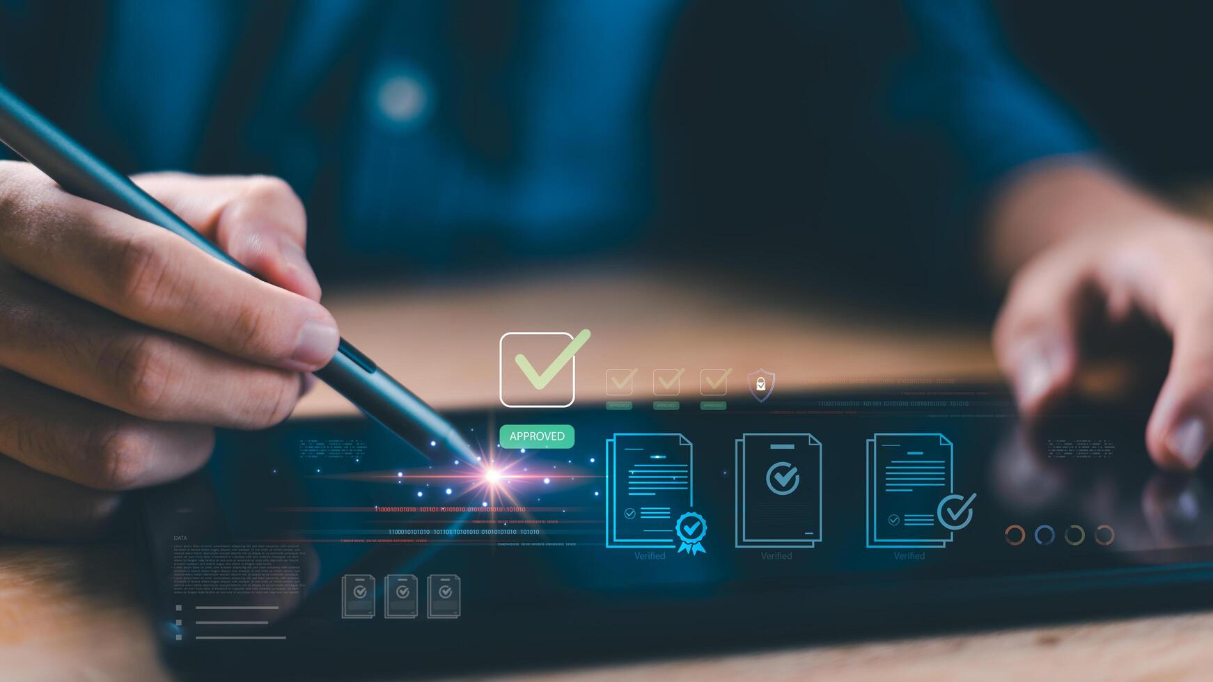 Digital approval system representing secure authentication, online document verification, and paperless workflow for modern business transformation and smart data processing. photo