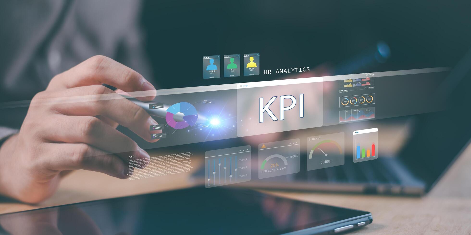 HR analytics dashboard displaying KPI metrics, employee performance tracking, and smart data visualization. Ideal for workforce optimization, business intelligence, and HR tech platforms. photo