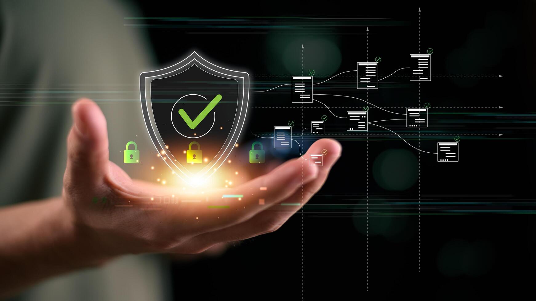 Cybersecurity and data protection concept showcasing document access control, digital trust, and secure file authorization in a futuristic tech interface. Ideal for modern IT infrastructure visuals. photo