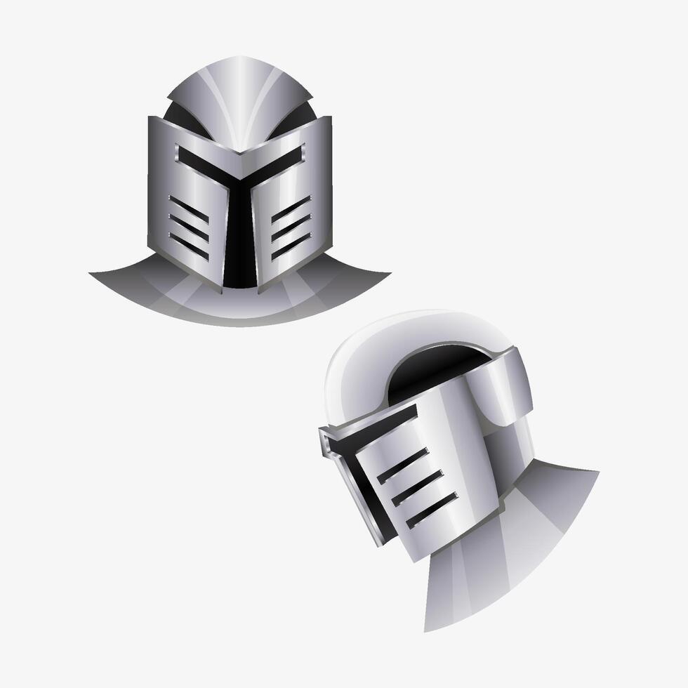 Medieval knight helmets in metallic silver design, shown from front and side view. vector