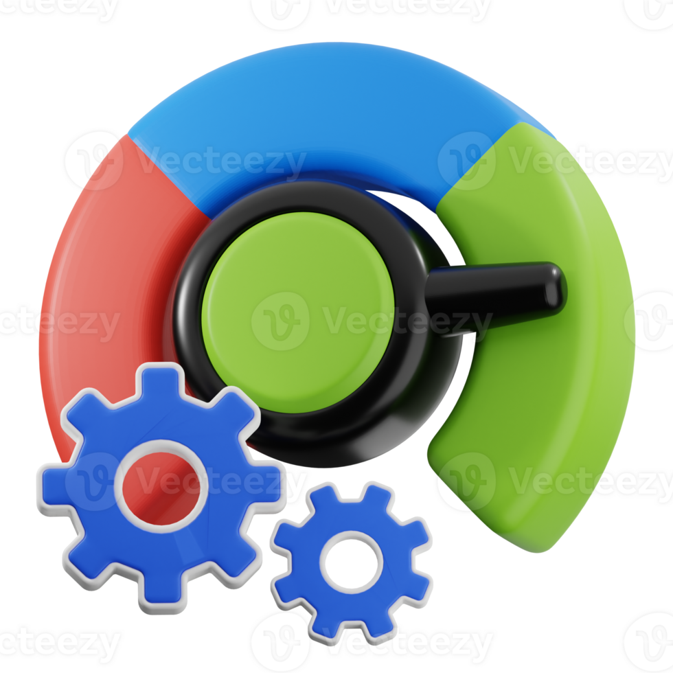 Magnifying glass analyzing pie chart with gears, optimizing business strategy with transparent background png