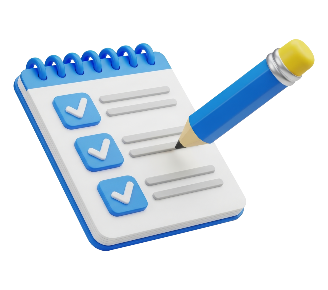 Notepad with check marks and pencil on transparent background for task management png