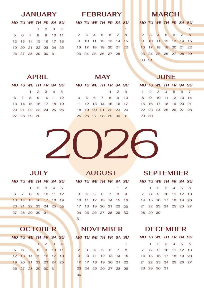 2026 year calendar vertical page template. Week Start on Monday. Diary monthly planner of abstract boho line design vector