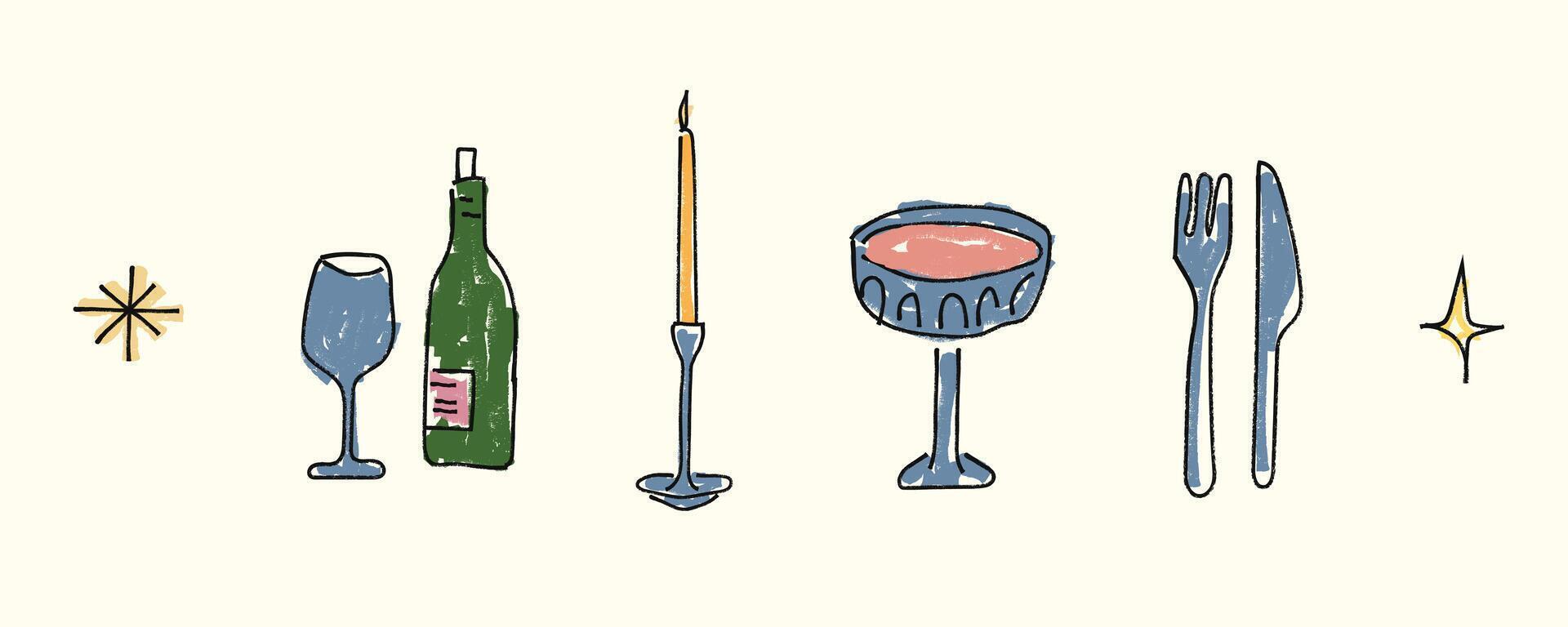Whimsical hand drawn set of wine bottle, goblet, fork and knife, candle, decorative stars in doodle sketch style with marker texture, rustic festive table setting. Flat illustration isolated. vector