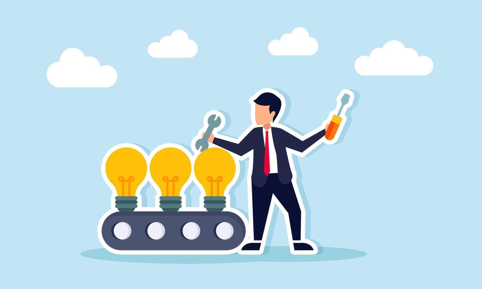 Businessman holding wrench and screwdriver standing near machine with light bulbs illustration of proper implementation of business ideas and innovation vector