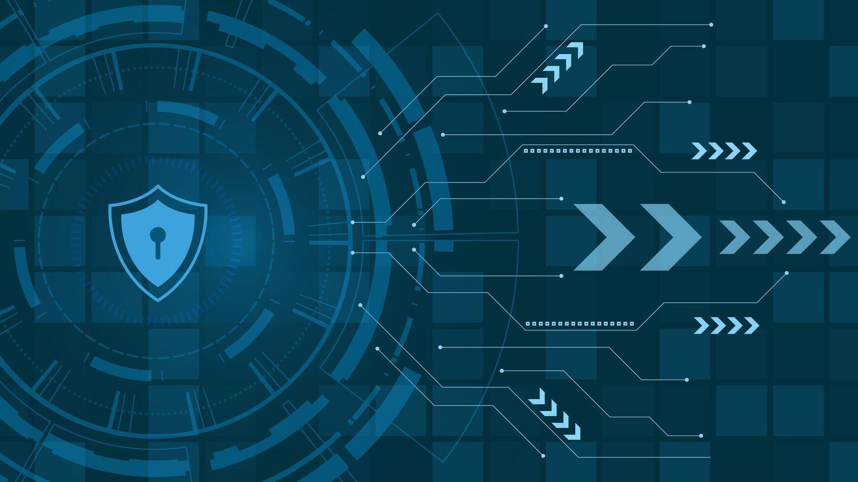Futuristic cyber security background featuring a shield with lock symbol and digital interface, ideal for technology, data protection, privacy and secure network concepts. vector