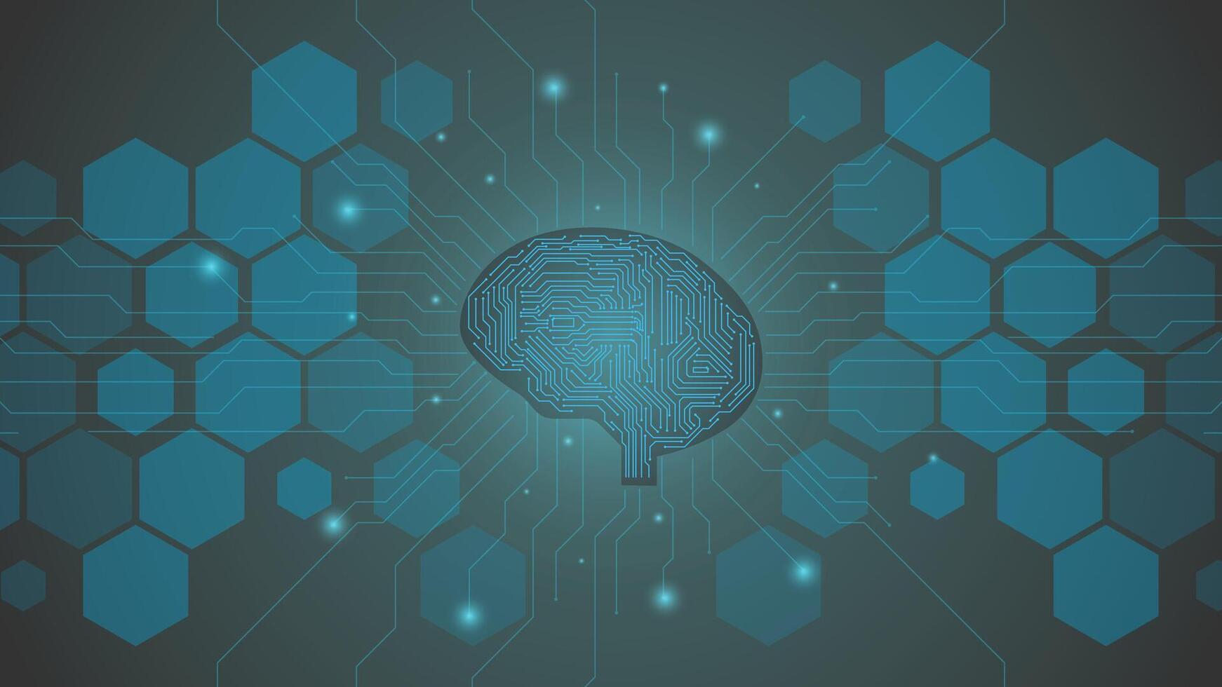 Futuristic AI brain design with circuit board pattern and hexagon shapes on a glowing blue tech background, ideal for innovation, data, machine learning and digital concepts. vector