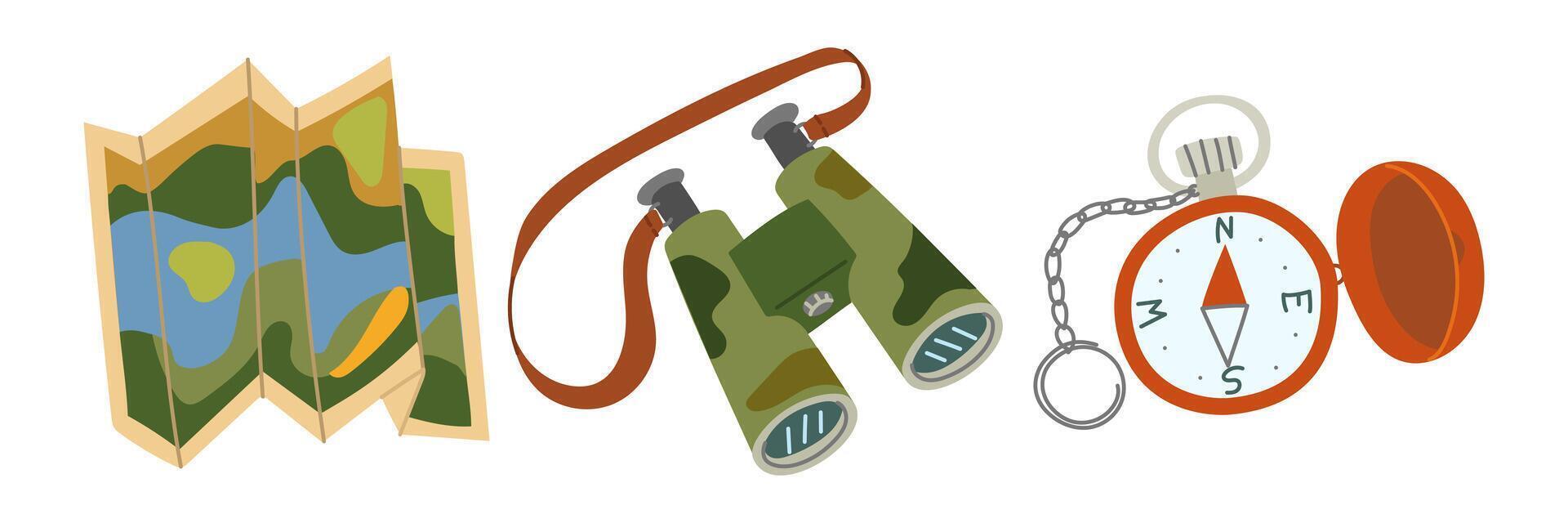 Set of travel items. Flat color illustration with insulation. Paper map open, military binoculars, open compass with chain. Navigation outdoor activities. Design for postcards. Picnics, hikes, camping vector