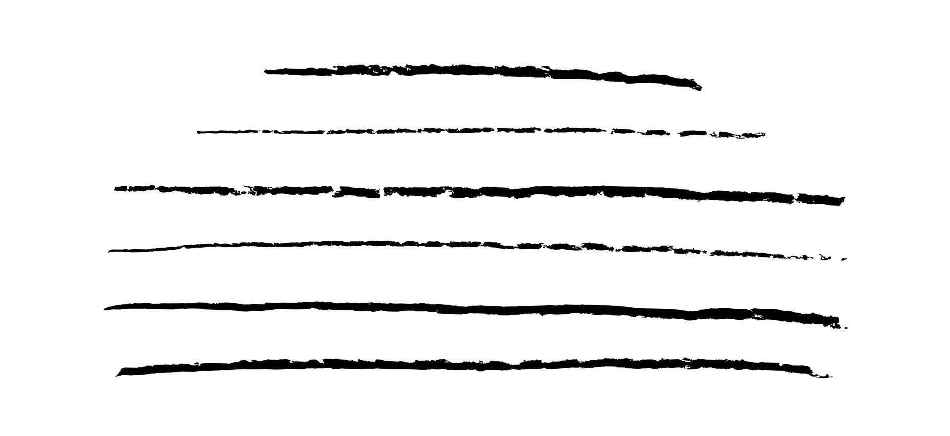 Crayon line stroke. Pencil sketch scribble. Hand drawn chalk brush with texture for border. Thin and rough emphasis art set. Abstract black marker paint underline kid draw on paper element. vector