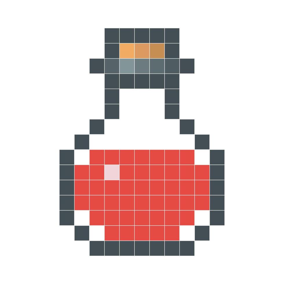 píxel Arte ilustración de un rojo poción botella lleno con líquido elixir en retro 8 bits estilo vector